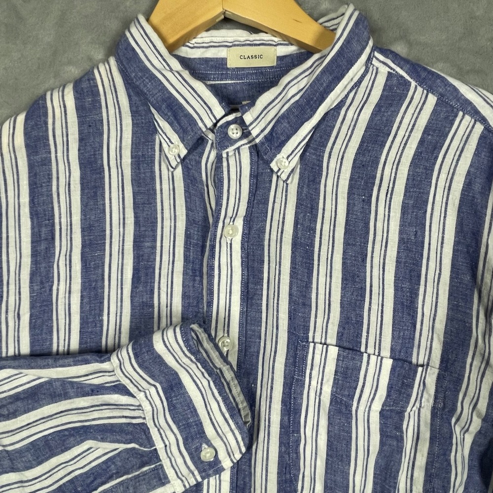 J.Crew Mens LT Blue White Striped Baird McNutt Irish Linen Classic Fit Shirt